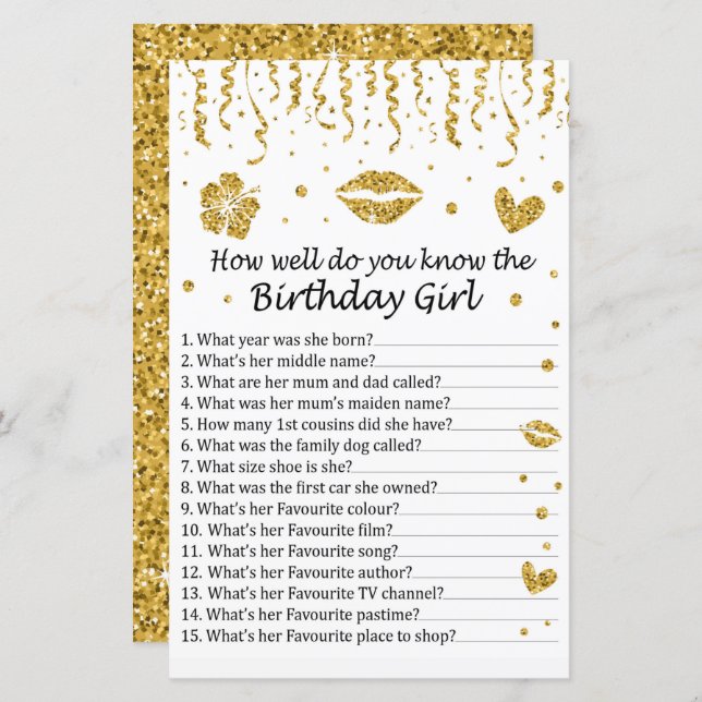 Gold glitter How well do you know the birthday gir (Front/Back)