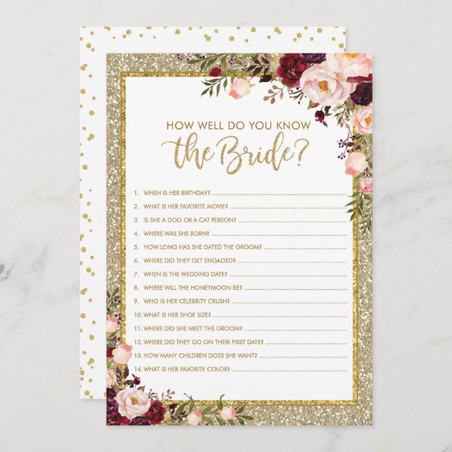 Gold Glitter How Well You Know Bride Game Card (Front/Back)