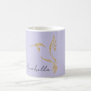 Gold Glitter Hummingbird & Custom Name on Lavender Coffee Mug