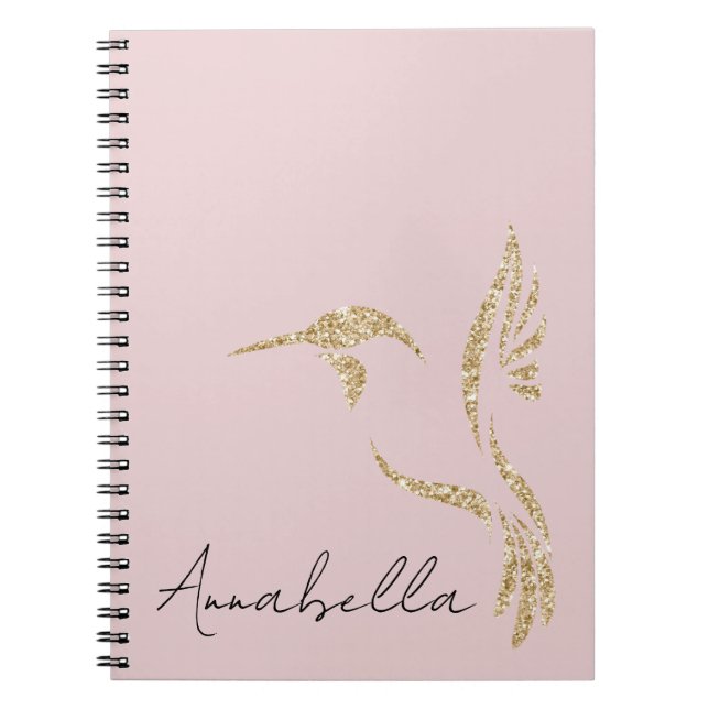 Gold Glitter Hummingbird & Custom Name on Pink Notebook (Front)