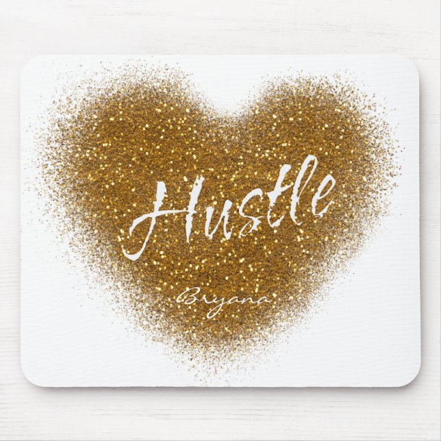 Gold Glitter HUSTLE Heart Personalised Mouse Pad (Front)