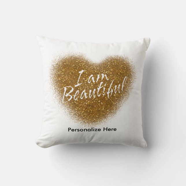 Gold Glitter I AM BEAUTIFUL Heart Throw Pillow (Front)