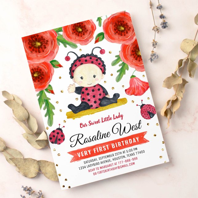 Gold Glitter I Ladybug Watercolour First Birthday Invitation (Creator Uploaded)