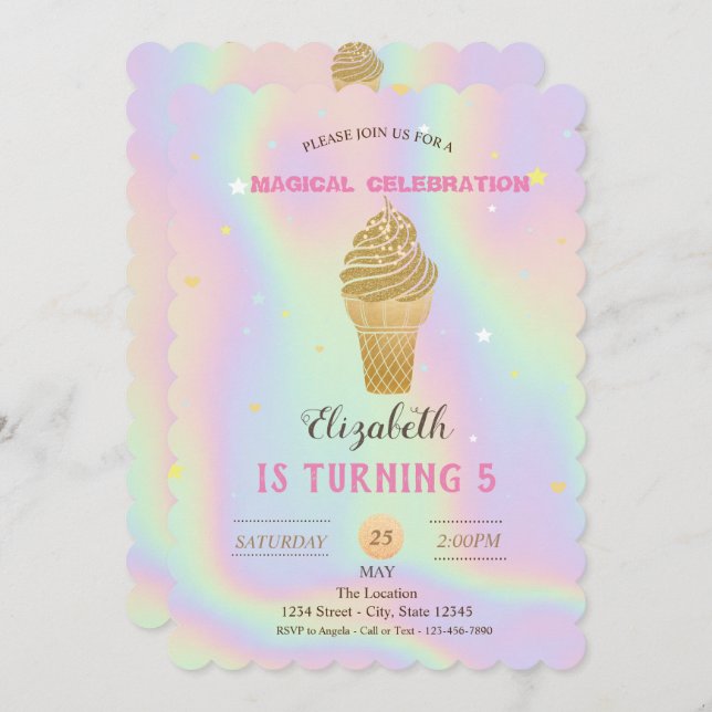 Gold Glitter Ice cream Holographic Birthday Invitation (Front/Back)
