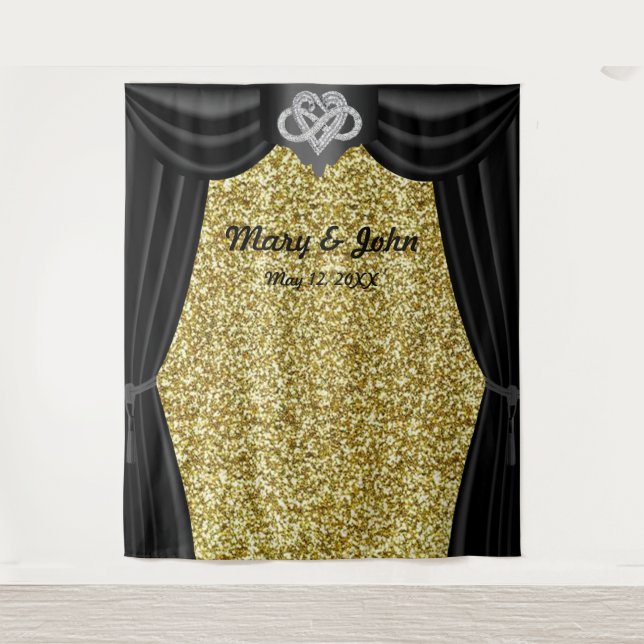 Gold Glitter Infinity Heart Black Curtain Backdrop Tapestry (Front)