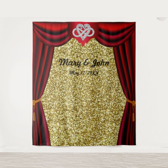 Gold Glitter Infinity Heart Red Curtain Backdrop Tapestry (Front)