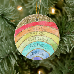 Gold Glitter Inspirational Quotes Rainbow  Ceramic Tree Decoration