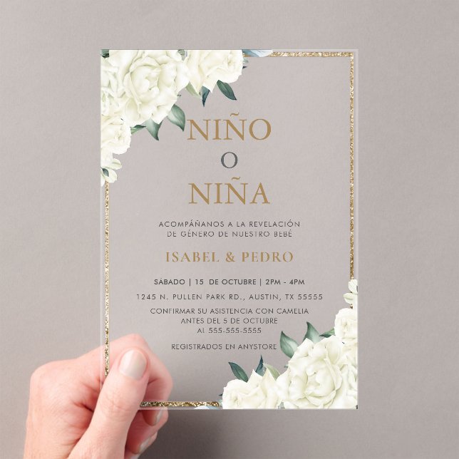 Gold Glitter Ivory Floral Spanish Gender Reveal Acrylic Invitations (Insitu (Handheld))