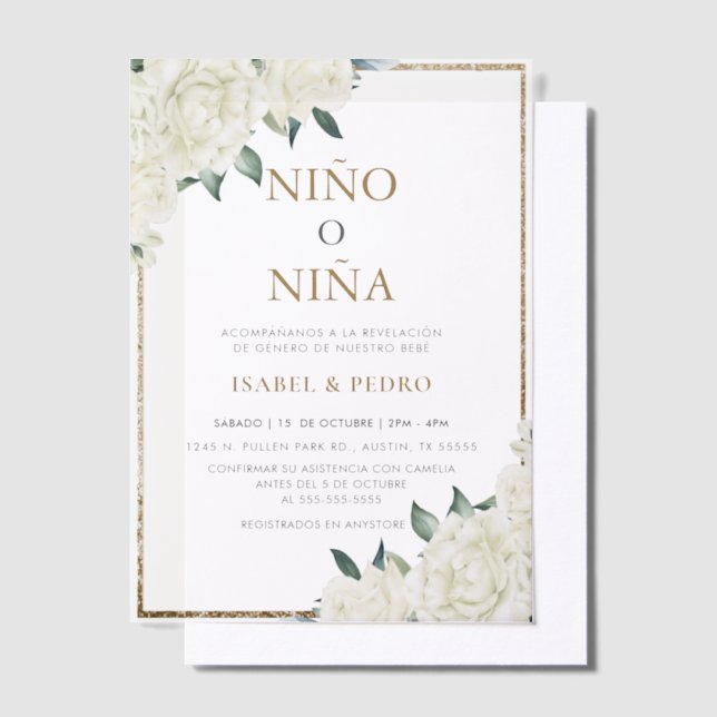 Gold Glitter Ivory Floral Spanish Gender Reveal Vellum Invitations (Offset)