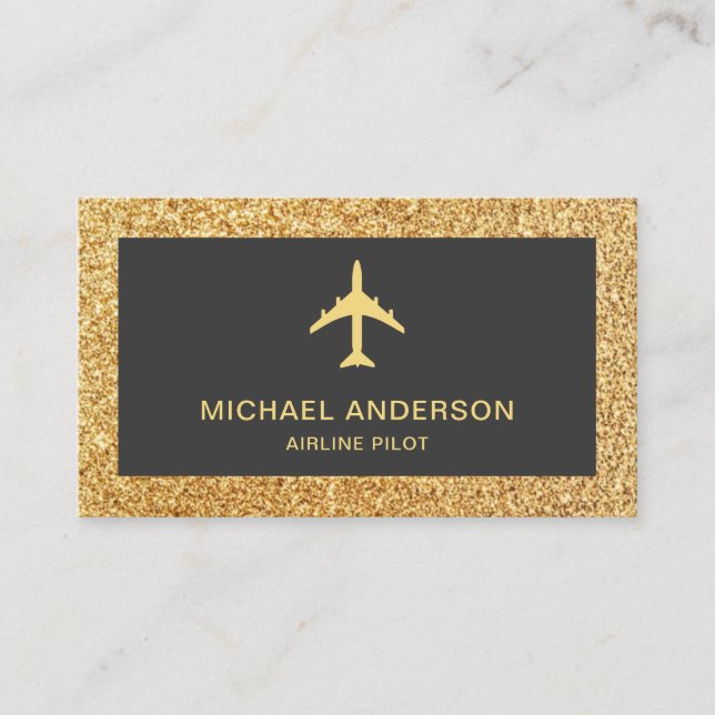 Gold Glitter Jet Aircraft Aeroplane Airline Pilot Business Card (Front)