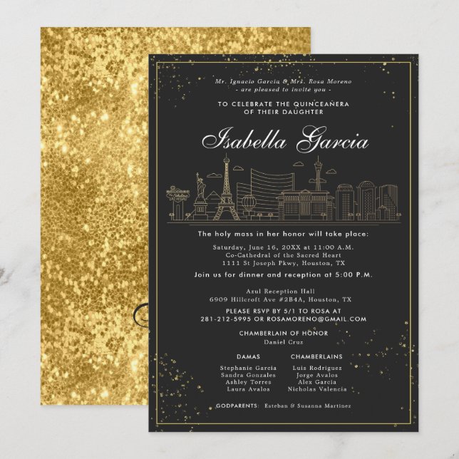 Gold Glitter Las Vegas Quinceañera Birthday Invitation (Front/Back)