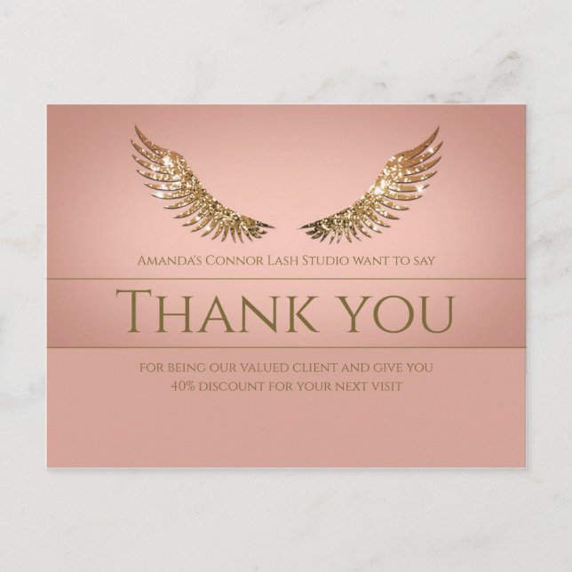 Gold Glitter Lash Wings Thank You Discount Pink Postcard (Front)