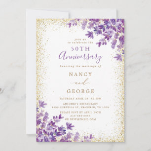 Gold Glitter Lavender 50th Wedding Anniversary Invitation