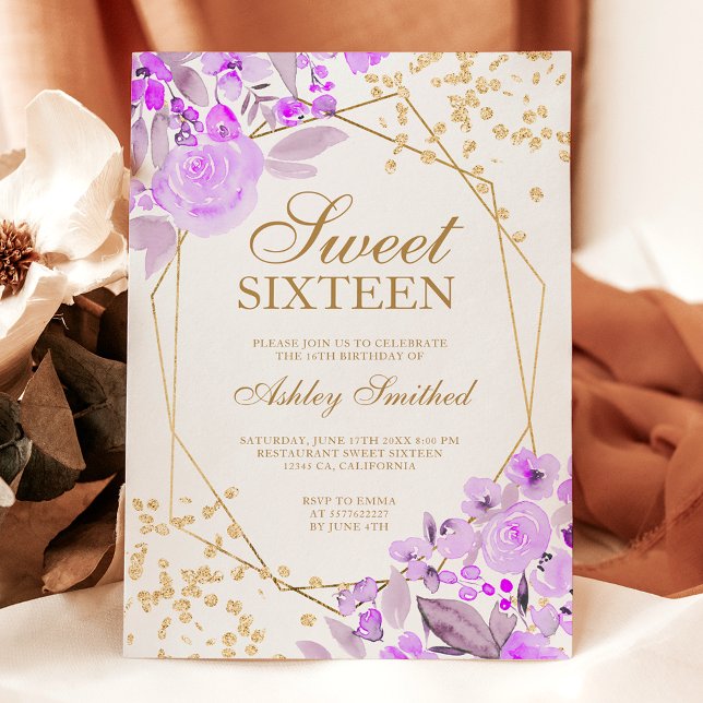 Gold glitter lavender floral watercolor Sweet 16 Invitation (Gold glitter lavender floral watercolor Sweet 16 Invitation)