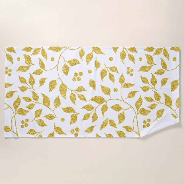 Gold glitter leaves pattern beach towel (Front)