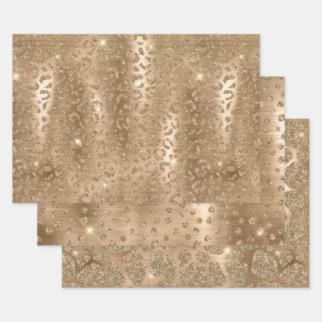 Gold Glitter Leopard, Giraffe & Leopard Spots  Wrapping Paper Sheet (Set)
