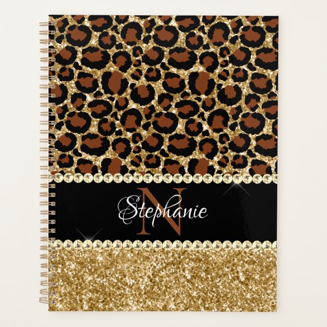 Gold Glitter Leopard Girly Glam Monogram Planner (Front)