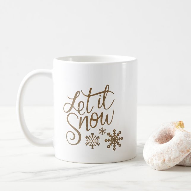Gold Glitter Let It Snow Calligraphy Snowflakes Coffee Mug (With Donut)