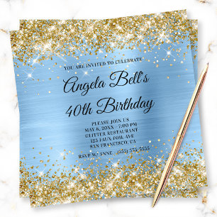 Gold Glitter Light Blue Shimmer Foil Monogram Invitation