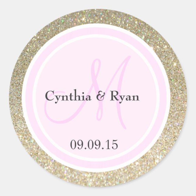 Gold Glitter & Light Pink Wedding Monogram Classic Round Sticker (Front)