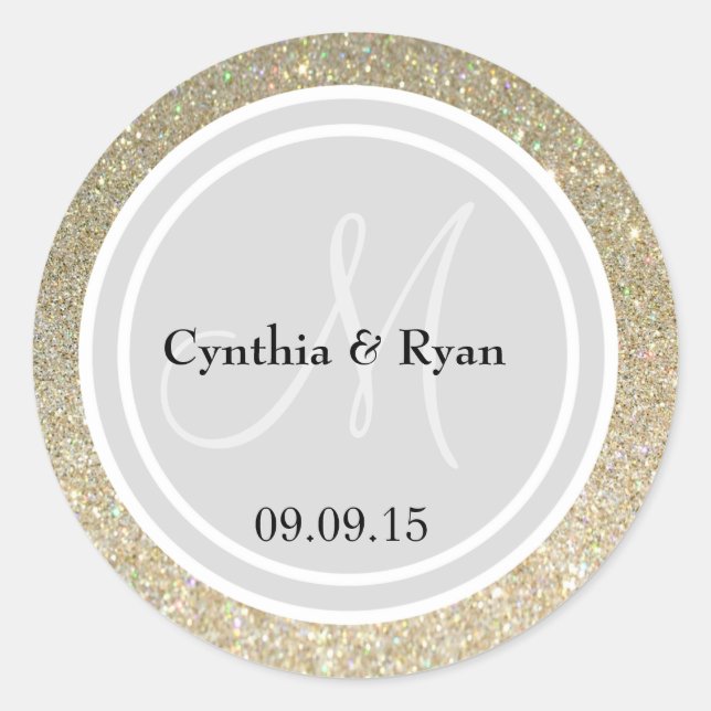Gold Glitter & Light Silver Wedding Monogram Seal (Front)