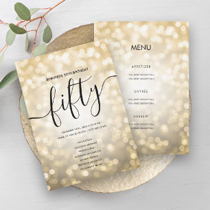 Gold Glitter Lights 50th Birthday Menu Program Invitation