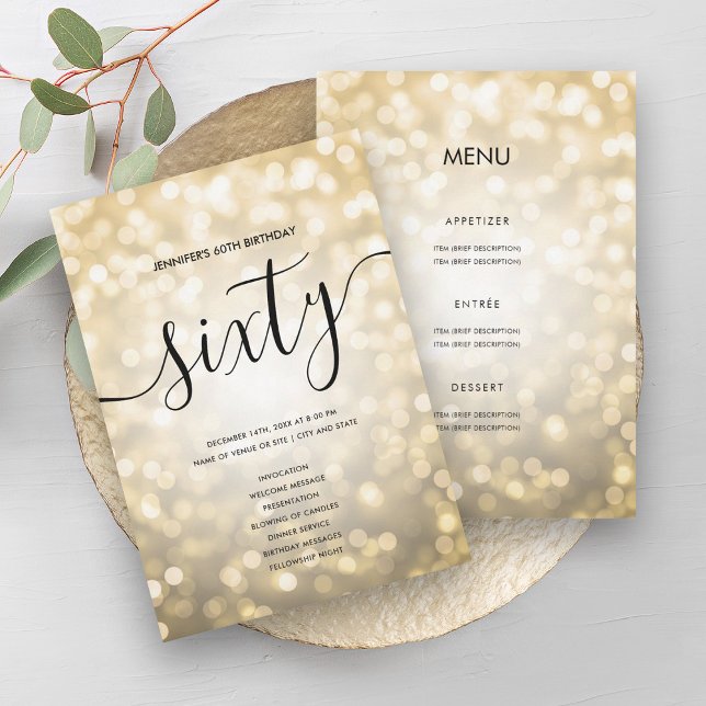 Gold Glitter Lights 60th Birthday Menu Program Invitation (Gold Glitter Lights 60th Birthday Menu Program)