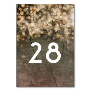 Gold Glitter Lights Rustic Wood Barn Wedding Table Number