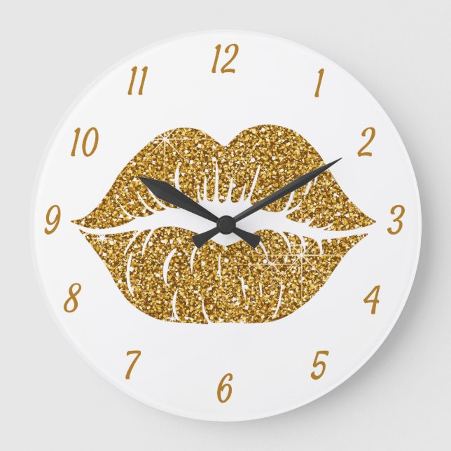 Gold Glitter Lips Glam Sparkle Girlie  Large Clock (Front)