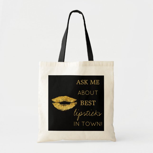 Gold glitter lips print black ask me promotional tote bag (Front)