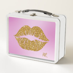 Gold Glitter Lips Sparkle Pink BG Initials Metal Lunch Box