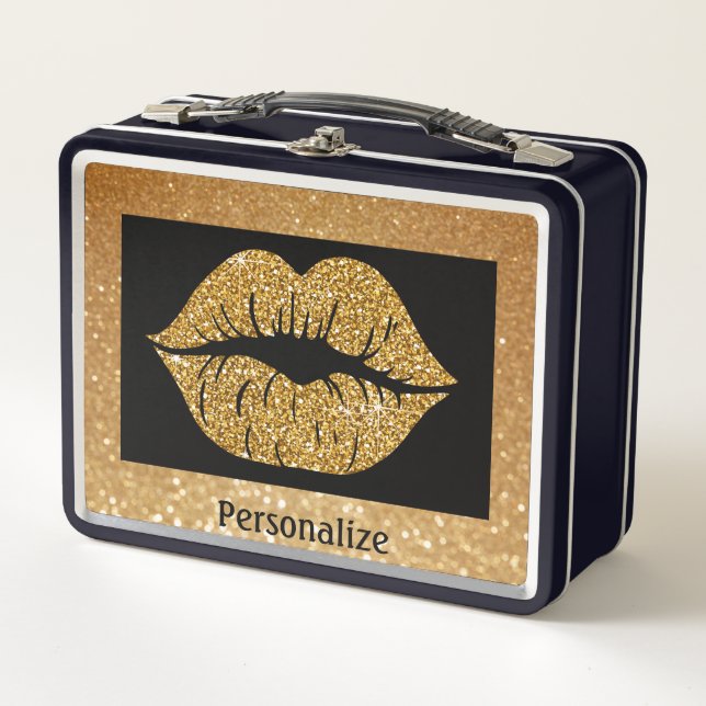 Gold Glitter Lips Sparkle Trendy Personalise Metal Lunch Box (Front)