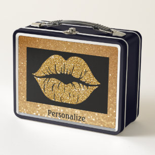Gold Glitter Lips Sparkle Trendy Personalize Metal Lunch Box