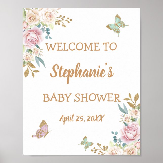 Gold Glitter Little Butterfly Baby Shower Welcome Poster (Front)