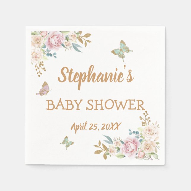 Gold Glitter Little Butterfly Rose Baby Shower Napkin (Front)
