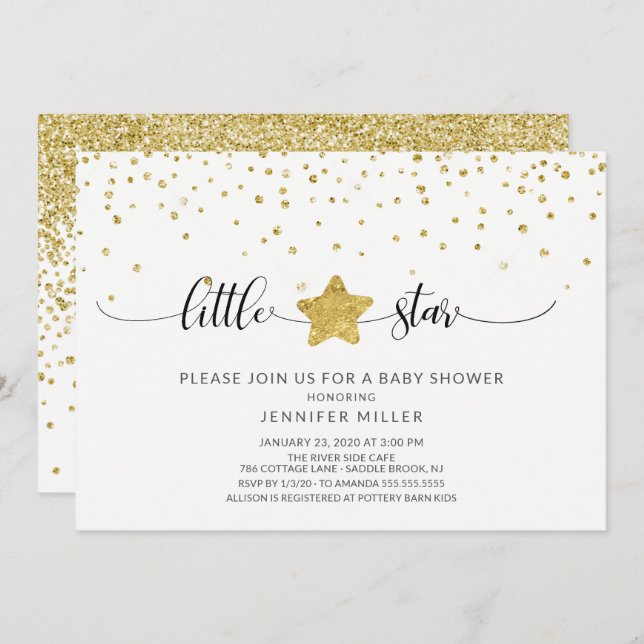 Gold Glitter Little Star Baby Shower Invitation (Front/Back)