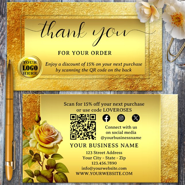 Gold Glitter Logo Thank You For Your Order Business Card (Thank you for your order business card featuring a gold glitter design with social media and QR code)