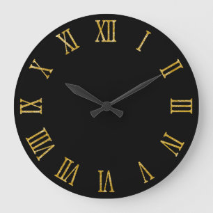 Gold Glitter Look Bold Roman Numerals Black Large Clock