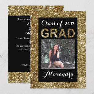 Gold Glitter-Look Class of 2017 Photo Graduation Invitation