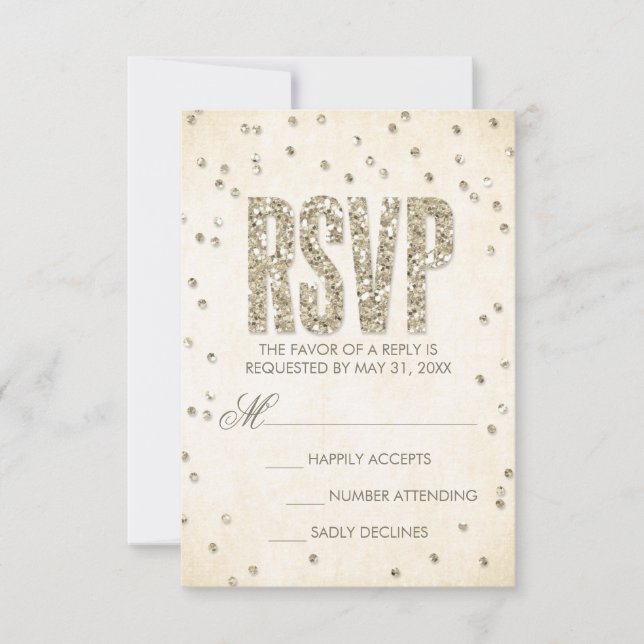 Gold Glitter Look Confetti Dots Wedding RSVP Card (Front)