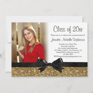 Gold Glitter-look Ribbon Bow Photo Graduation Invitation