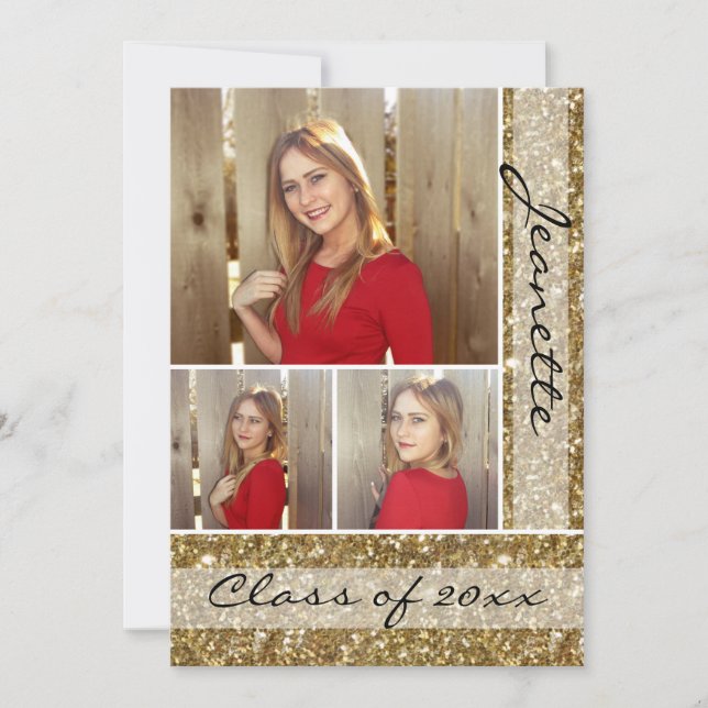 Gold Glitter-Look Three 3 Photo Graduation Invitation (Front)