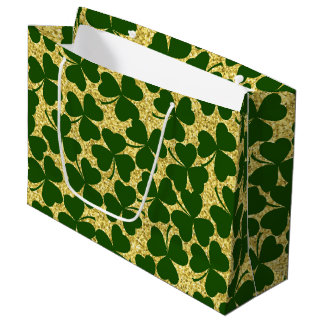GOLD GLITTER LOOK WITH IRISH SHAMROCKS LARGE GIFT BAG