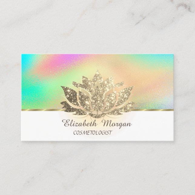 Gold Glitter Lotus Colourful Holographic Business Card (Front)