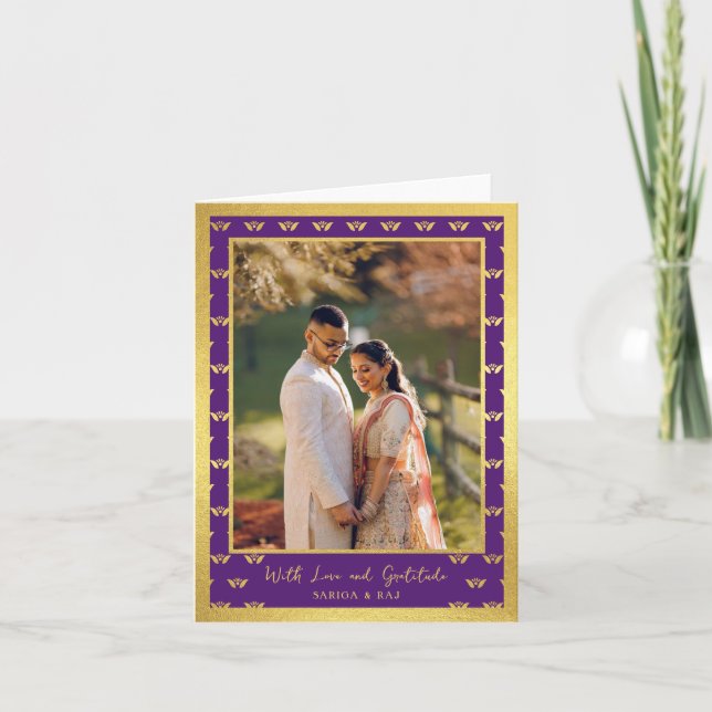 Gold Glitter Lotus Flower Wedding Photo Folded Thank You Card (Front)