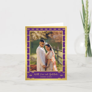 Gold Glitter Lotus Flower Wedding Photo Folded Thank You Card