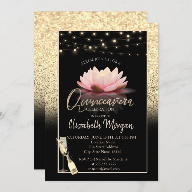 Gold Glitter,Lotus,Wine Glass Quinceanera Invitation (Front/Back)