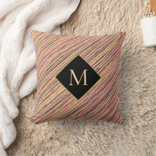 Gold Glitter Luxury Monogram Stripes Cushion
