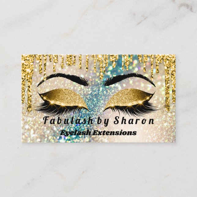 Gold Glitter  Makeup Artist Lashes Holograph Teal Business Card (Front)