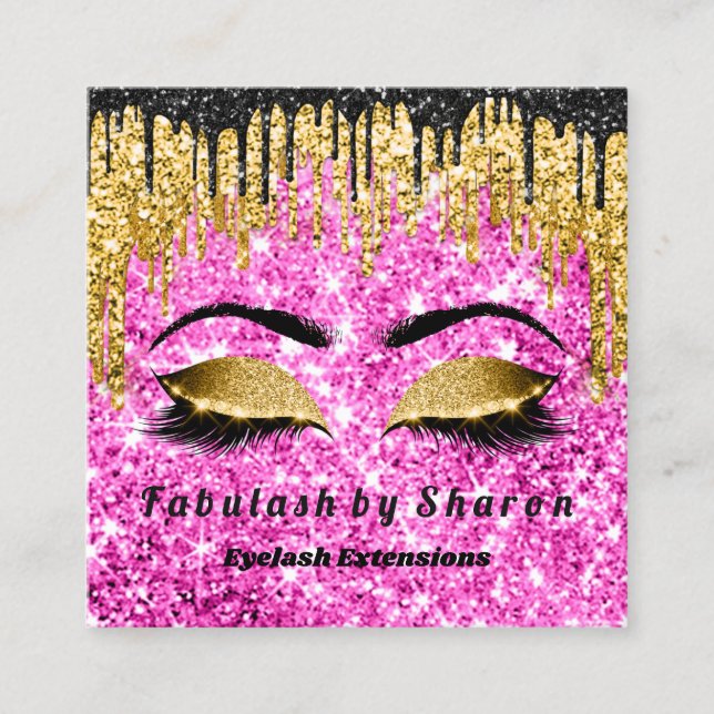 Gold Glitter  Makeup Artist Lashes Logo Pink Square Business Card (Front)